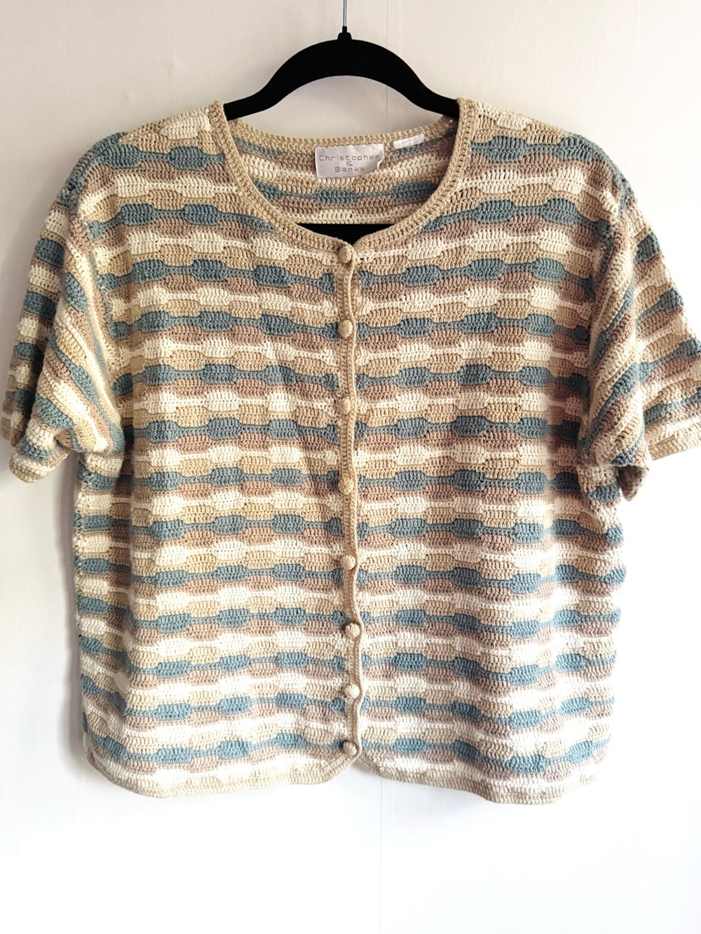 Christopher & Banks Cream, Blue and Tan Short-Sleeve Knit Cardigan